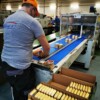 Workers on a production line packaging canned goods.